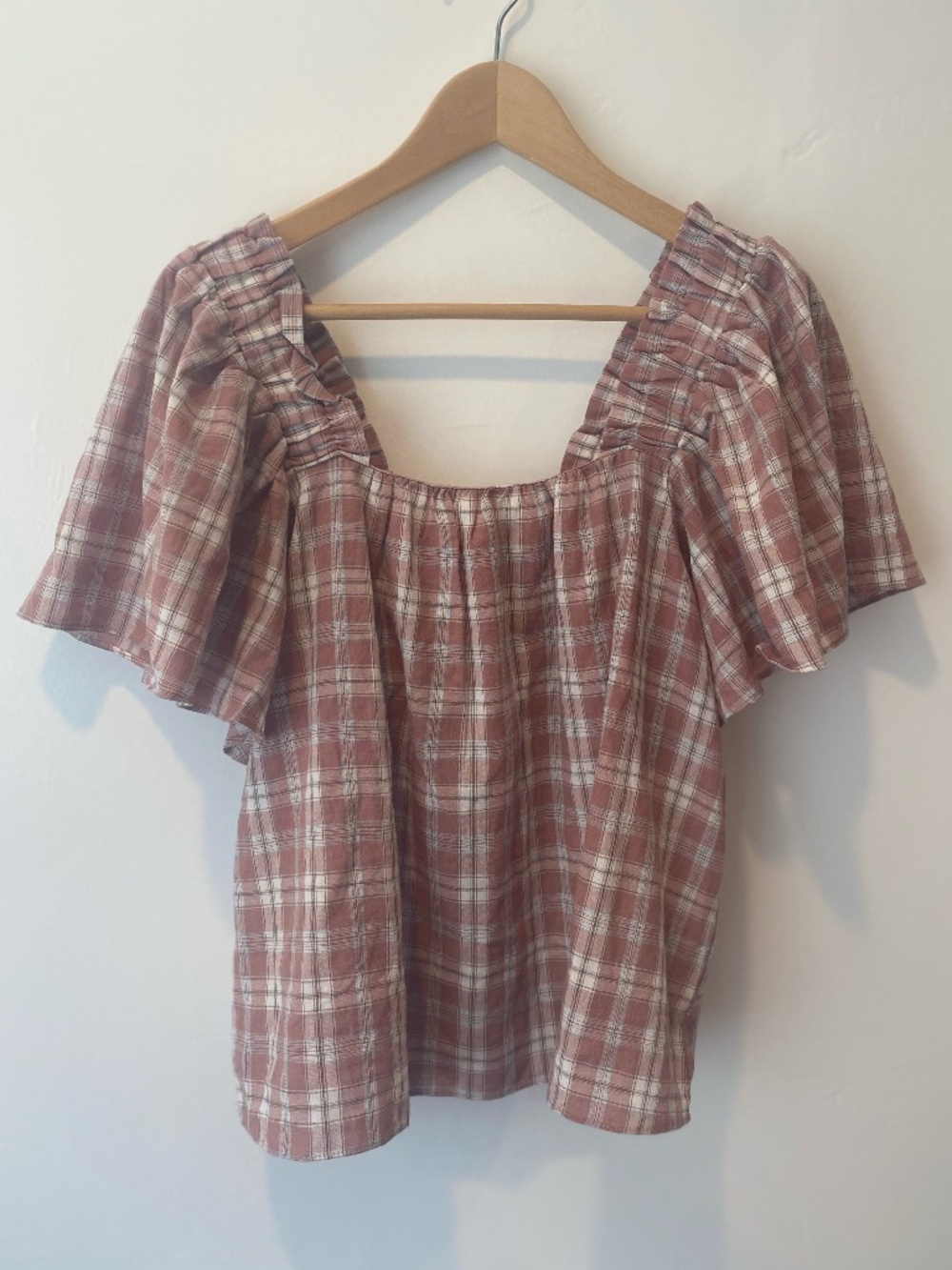 Millibon 100% Cotton Pink Plaid Flutter Sleeve Blouse Size L Women's Cottagecore